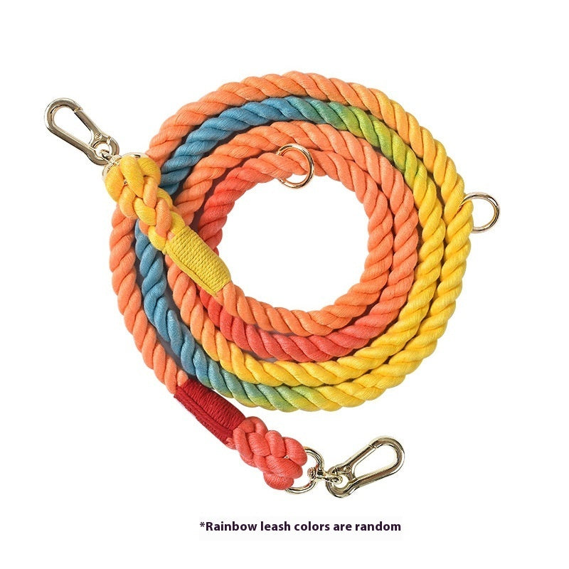 KFX-0889533 Woven Rainbow Multi-functional Dog Leash with Hand Holding Rope and Double Head Design