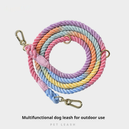 KFX-0889533 Woven Rainbow Multi-functional Dog Leash with Hand Holding Rope and Double Head Design