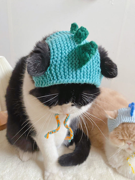 KFX-0893117 Knitted Dinosaur Pet Hat for Cats - Available in Blue, Green, Purple, and Yellow