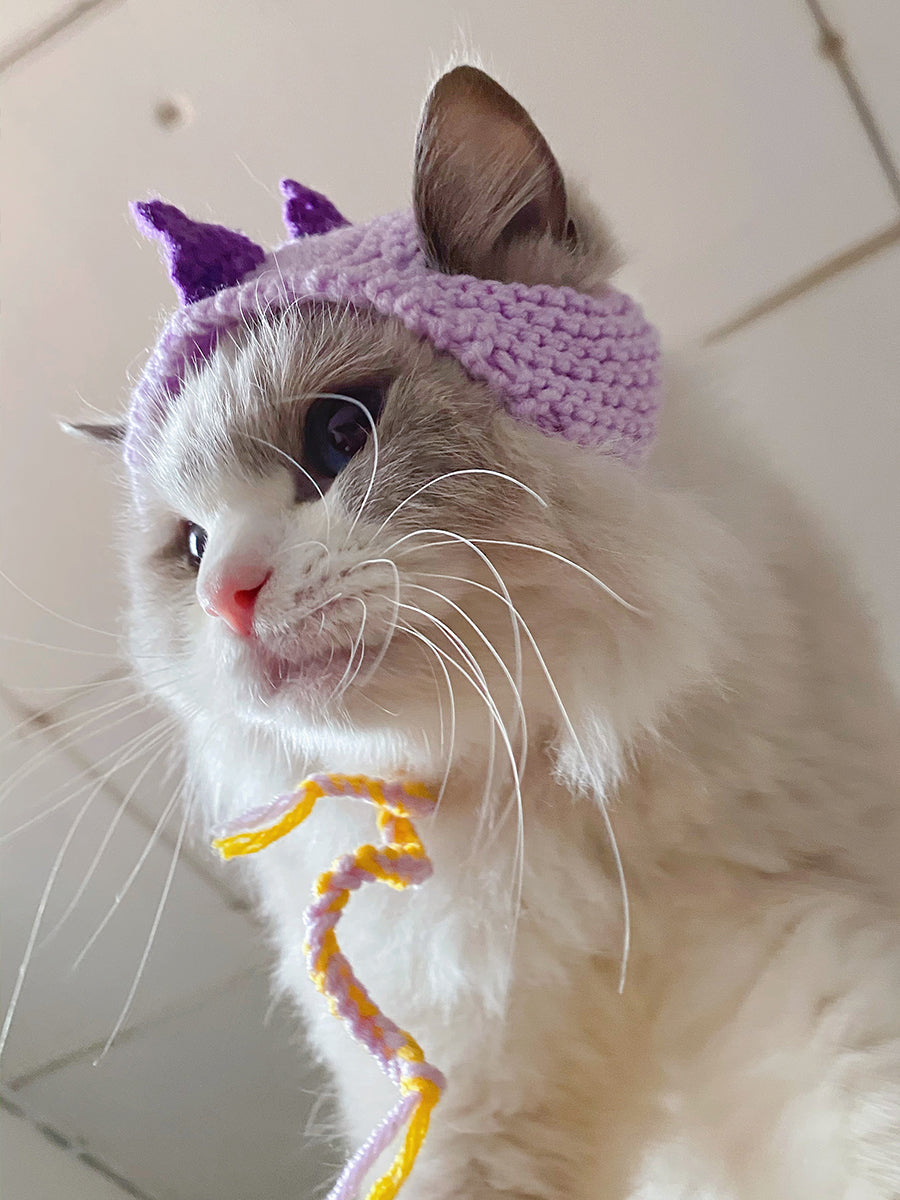 KFX-0893117 Knitted Dinosaur Pet Hat for Cats - Available in Blue, Green, Purple, and Yellow