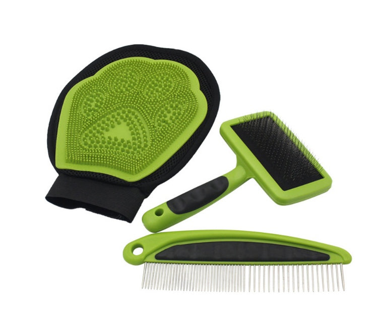 KFX-0897085 Pet Grooming Set with Rake Comb, Needle Comb, and Bath Gloves for Floating Hair Removal