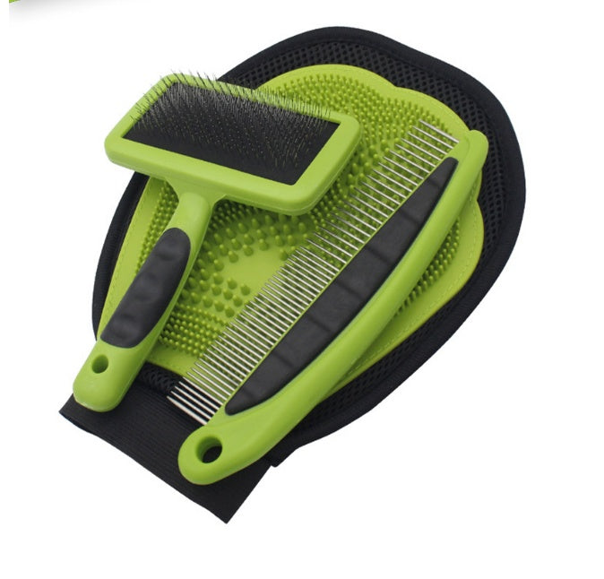 KFX-0897085 Pet Grooming Set with Rake Comb, Needle Comb, and Bath Gloves for Floating Hair Removal