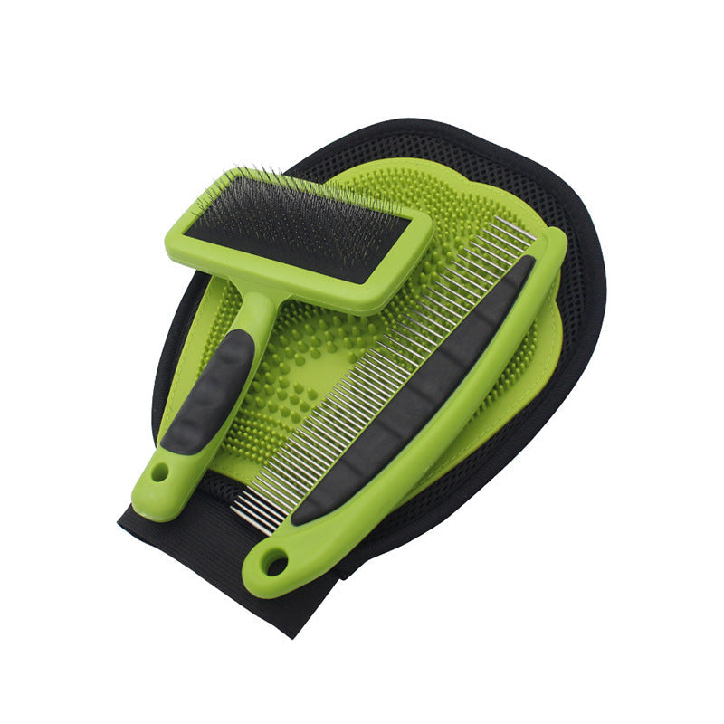 KFX-0897085 Pet Grooming Set with Rake Comb, Needle Comb, and Bath Gloves for Floating Hair Removal