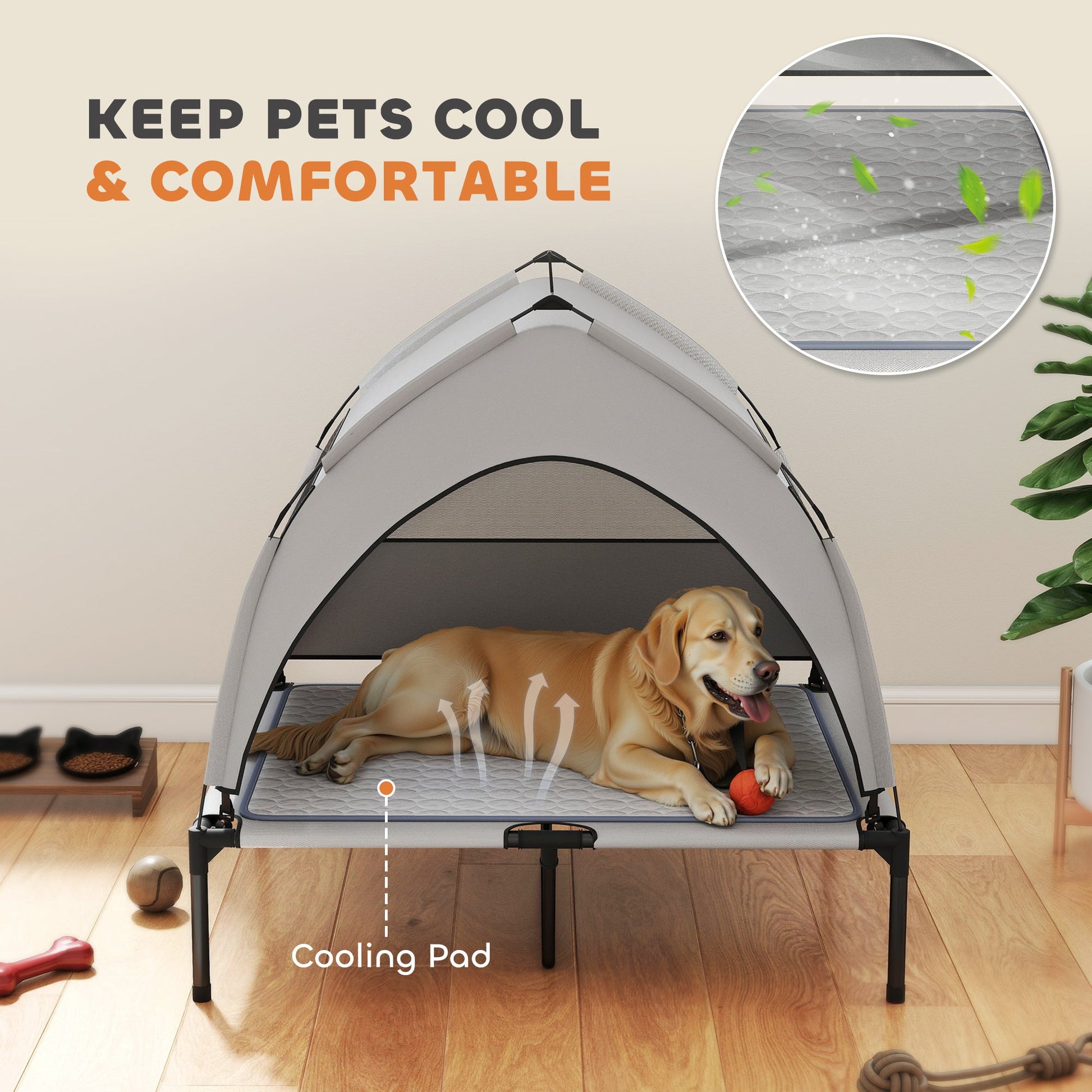 KFX-0899901 Elevated Dog Bed with Removable Canopy and Cooling Pad, Portable Outdoor Raised Pet Cot, 36" x 29.5" x 35"