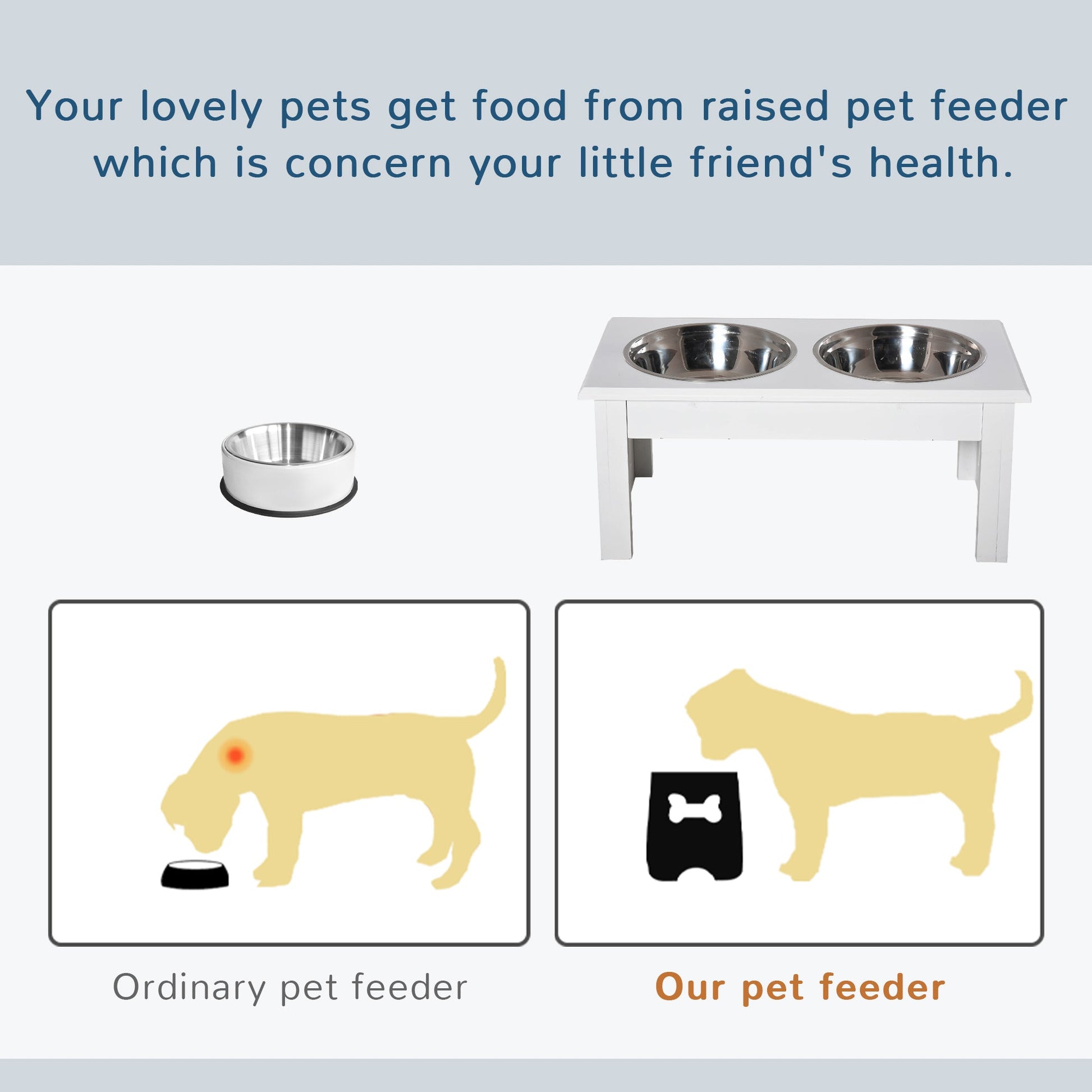 KFX-0901437 Small Elevated Dog Feeding Station with Wooden Frame and Stainless Steel Bowls, Ideal for Miniature Pets