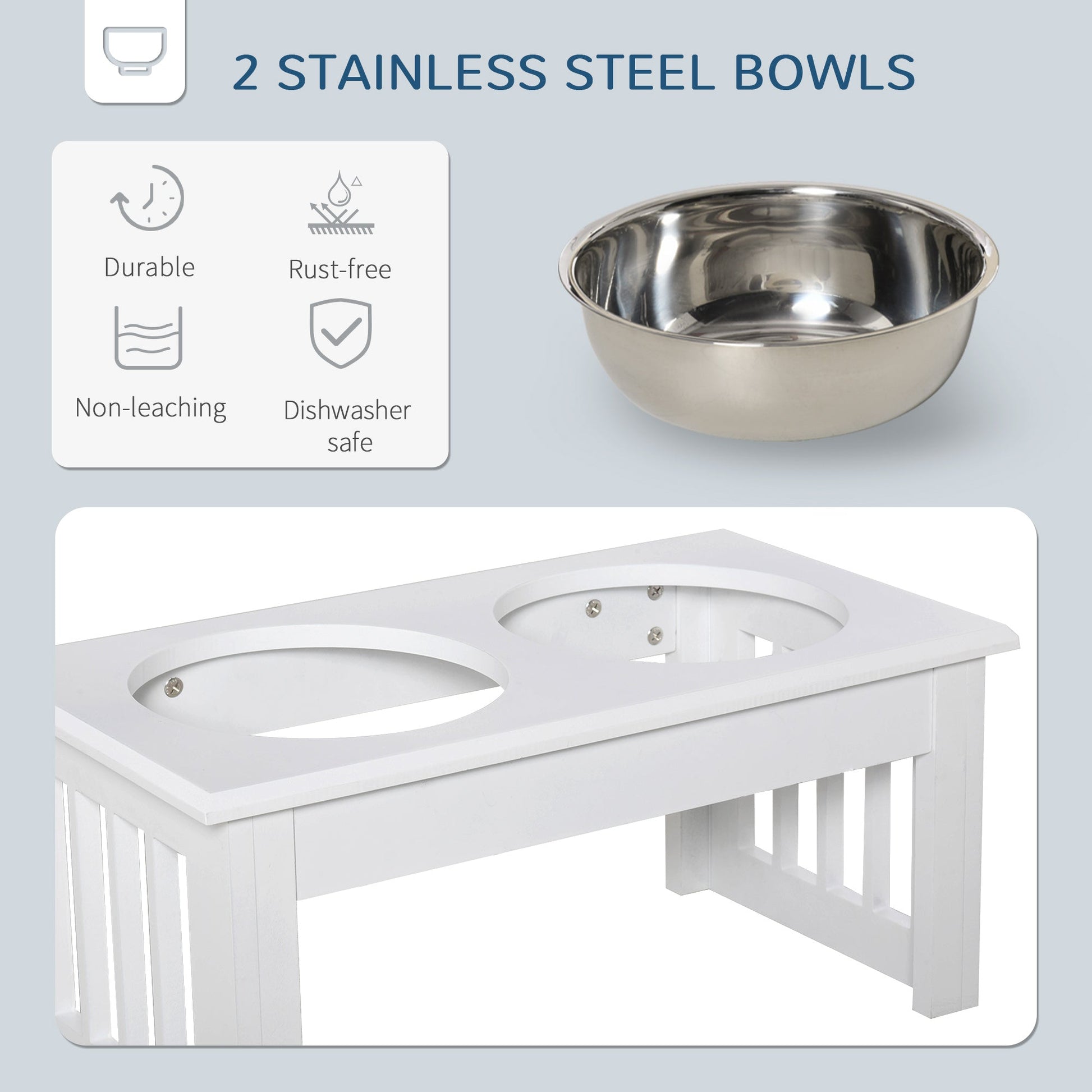 KFX-0901437 Small Elevated Dog Feeding Station with Wooden Frame and Stainless Steel Bowls, Ideal for Miniature Pets