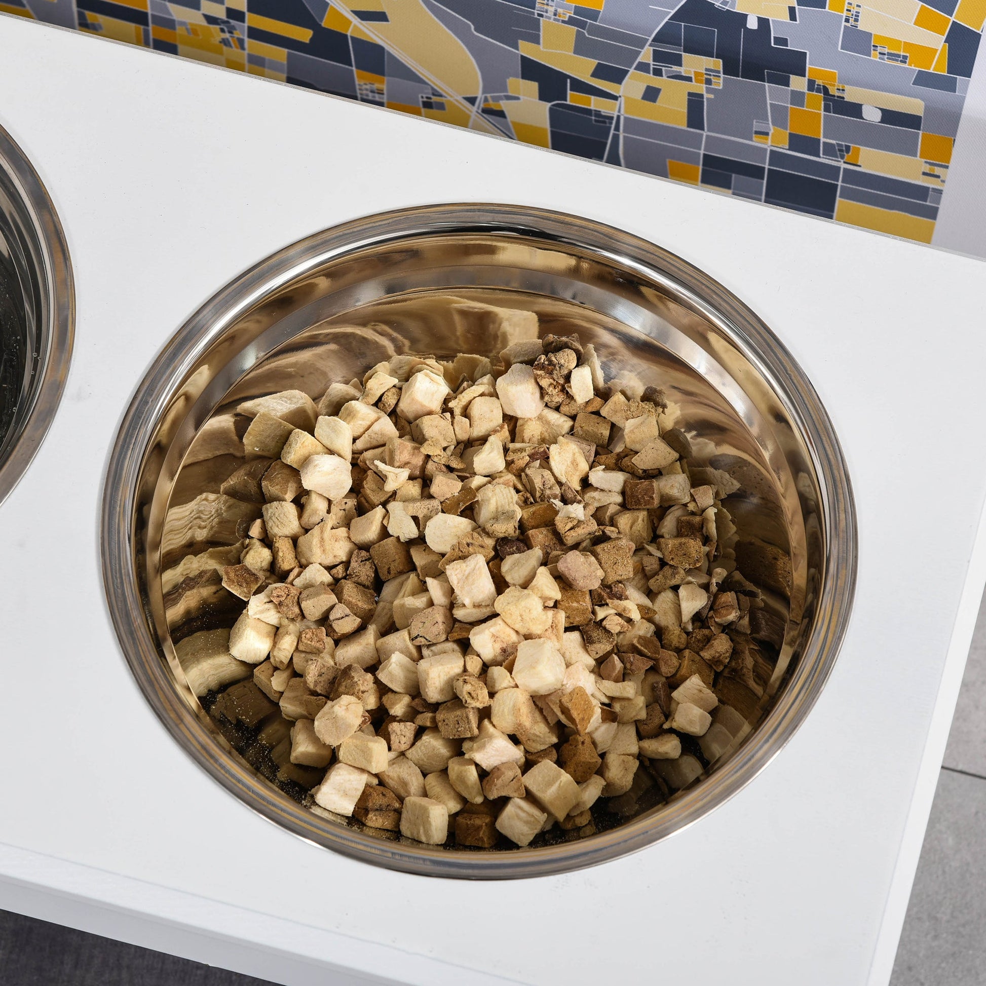 KFX-0901437 Small Elevated Dog Feeding Station with Wooden Frame and Stainless Steel Bowls, Ideal for Miniature Pets