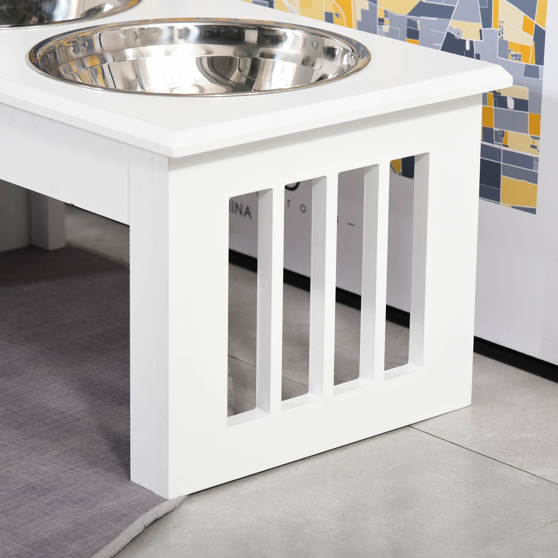 KFX-0901437 Small Elevated Dog Feeding Station with Wooden Frame and Stainless Steel Bowls, Ideal for Miniature Pets