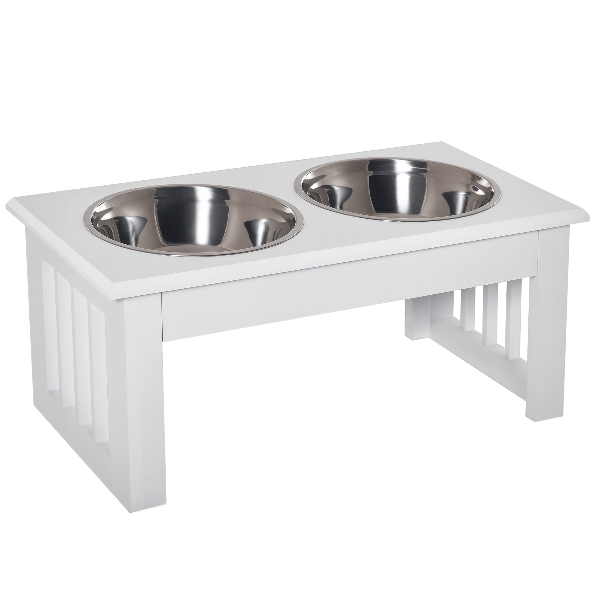 KFX-0901437 Small Elevated Dog Feeding Station with Wooden Frame and Stainless Steel Bowls, Ideal for Miniature Pets