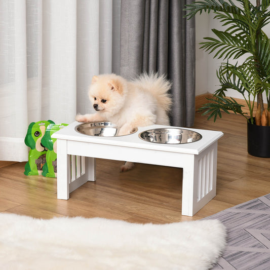 KFX-0901437 Small Elevated Dog Feeding Station with Wooden Frame and Stainless Steel Bowls, Ideal for Miniature Pets