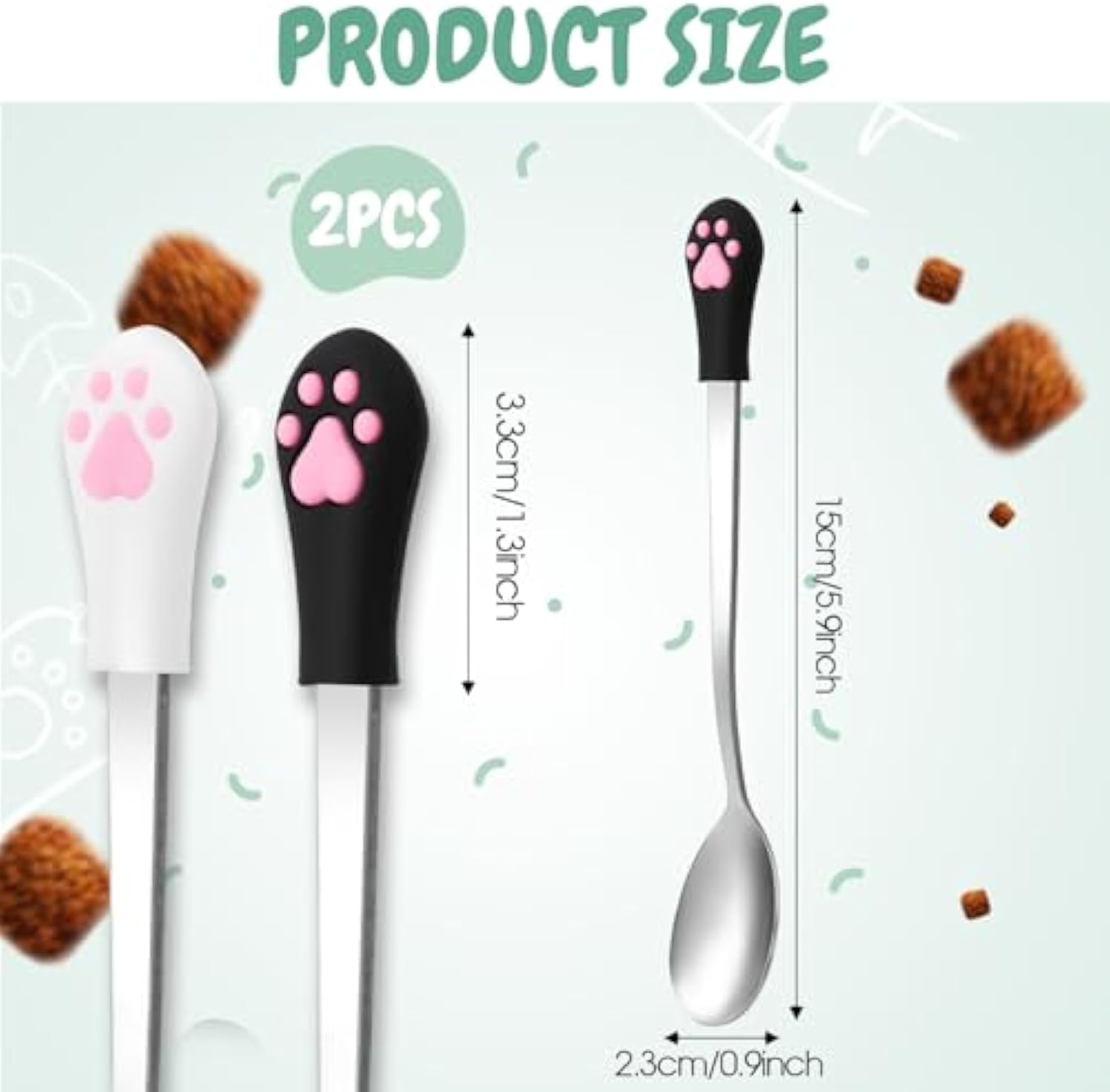 KFX-0904509 Stainless Steel Dog & Cat Food Spoons with Long Handle - 2 Pack in White & Black with Cute Paw Print Design