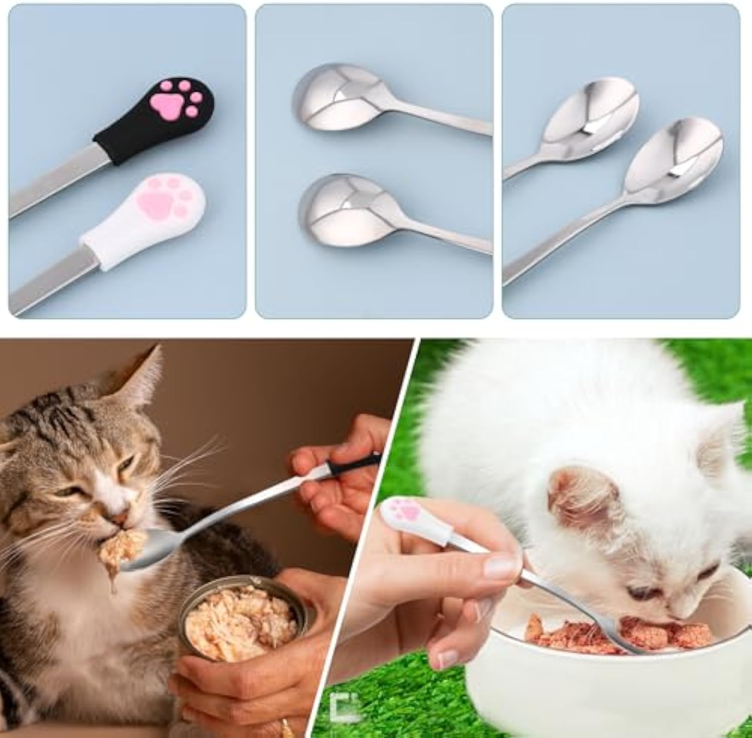 KFX-0904509 Stainless Steel Dog & Cat Food Spoons with Long Handle - 2 Pack in White & Black with Cute Paw Print Design