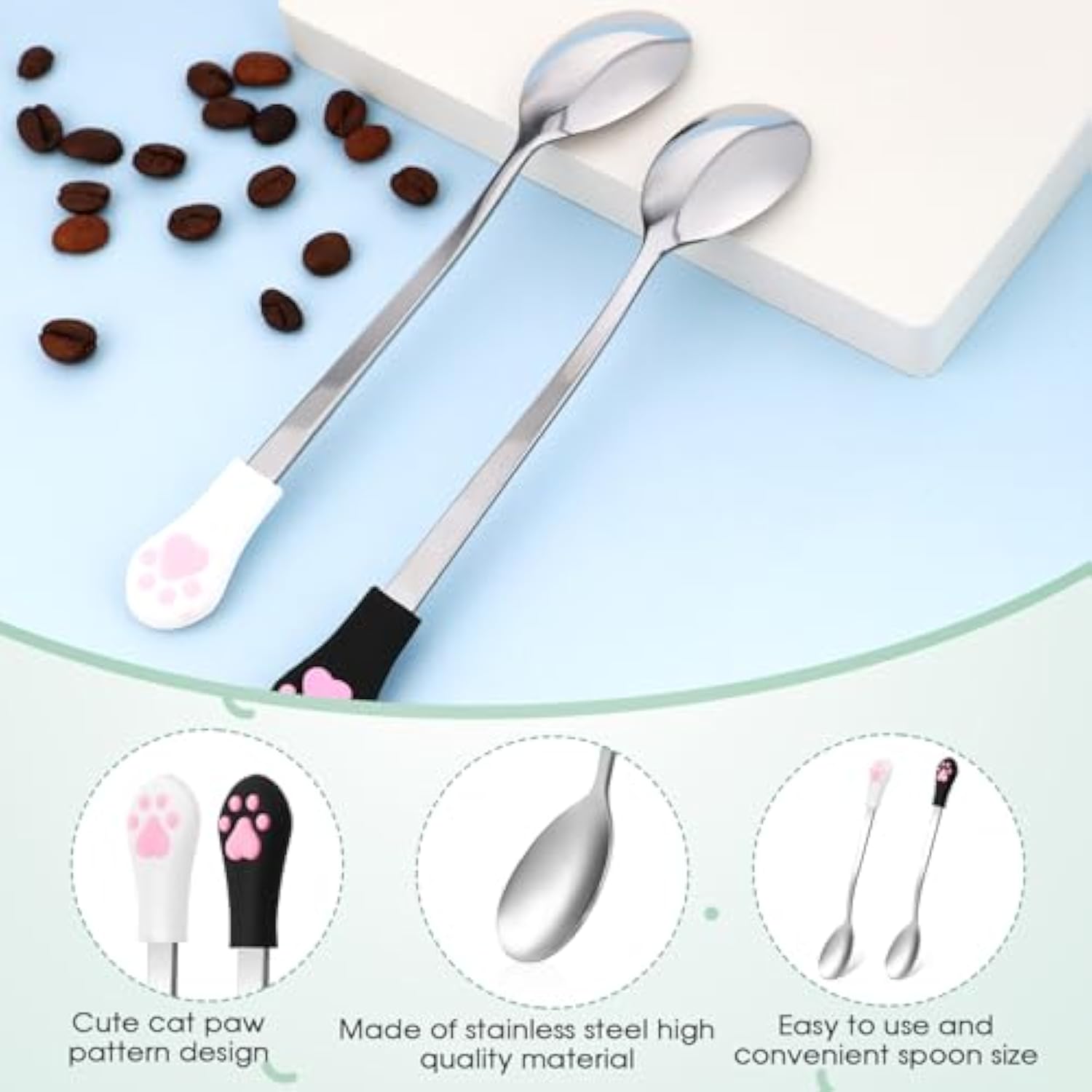 KFX-0904509 Stainless Steel Dog & Cat Food Spoons with Long Handle - 2 Pack in White & Black with Cute Paw Print Design