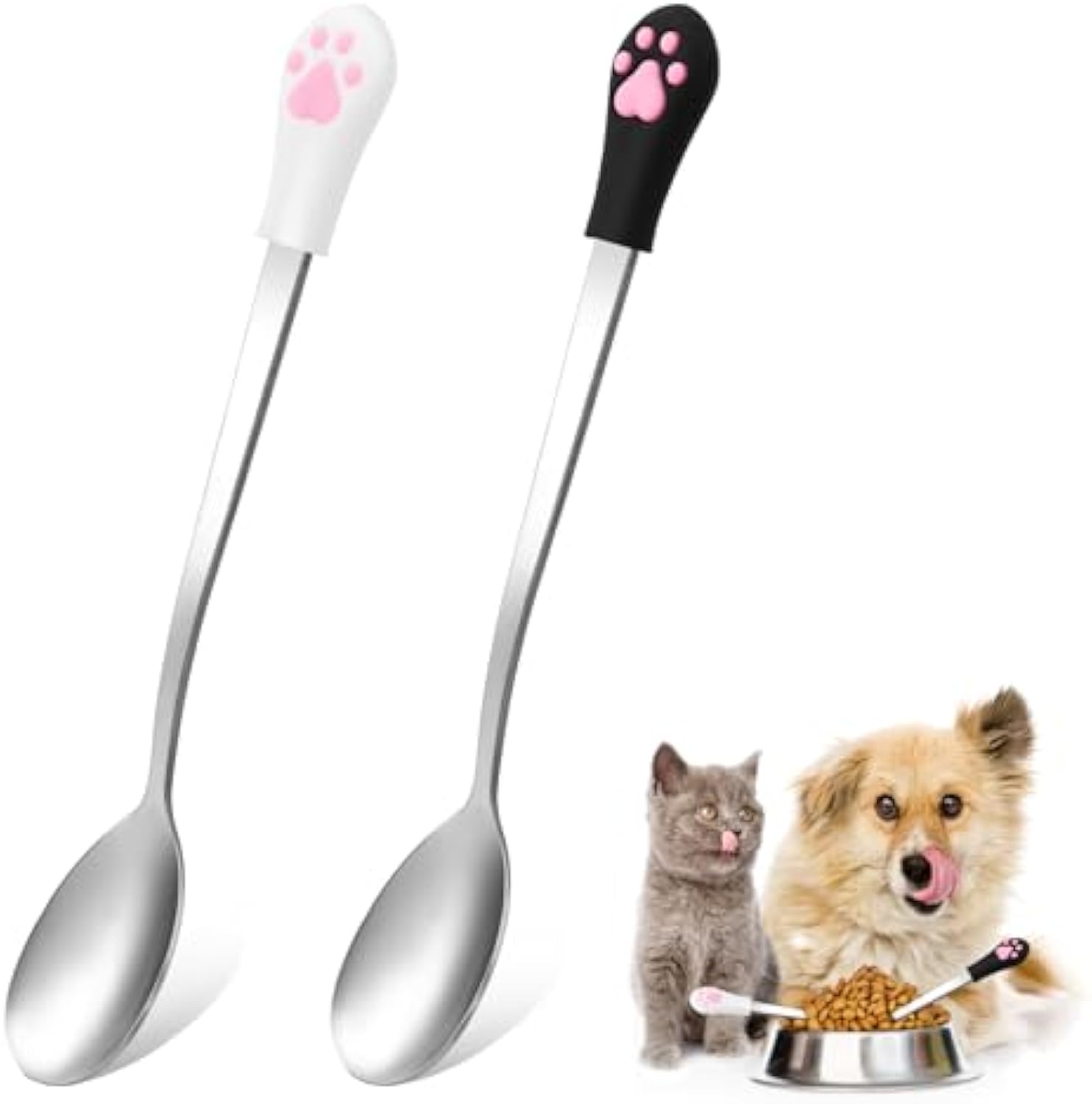 KFX-0904509 Stainless Steel Dog & Cat Food Spoons with Long Handle - 2 Pack in White & Black with Cute Paw Print Design