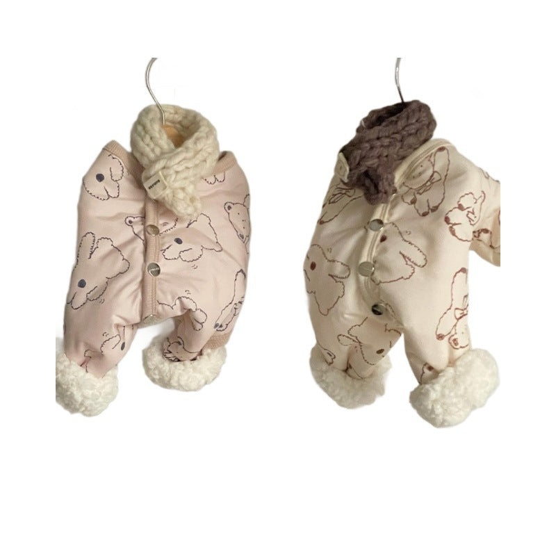 KFX-0905789 Adorable Bear Print Winter Jumpsuit for Pets with Knitted Scarf and Fleece Cuffs
