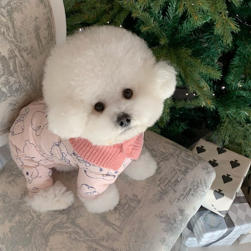 KFX-0905789 Adorable Bear Print Winter Jumpsuit for Pets with Knitted Scarf and Fleece Cuffs
