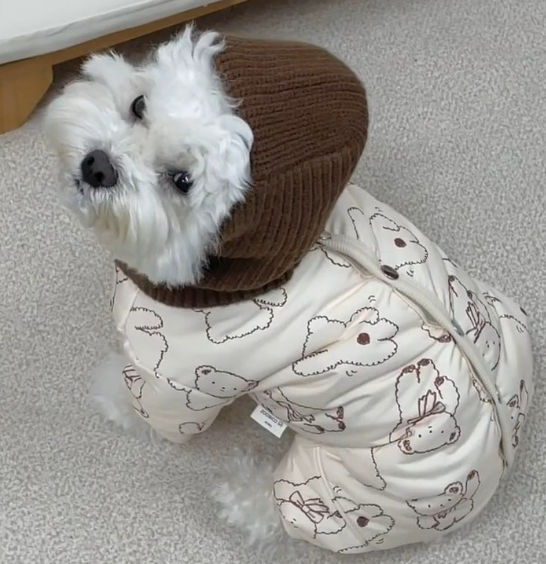 KFX-0905789 Adorable Bear Print Winter Jumpsuit for Pets with Knitted Scarf and Fleece Cuffs