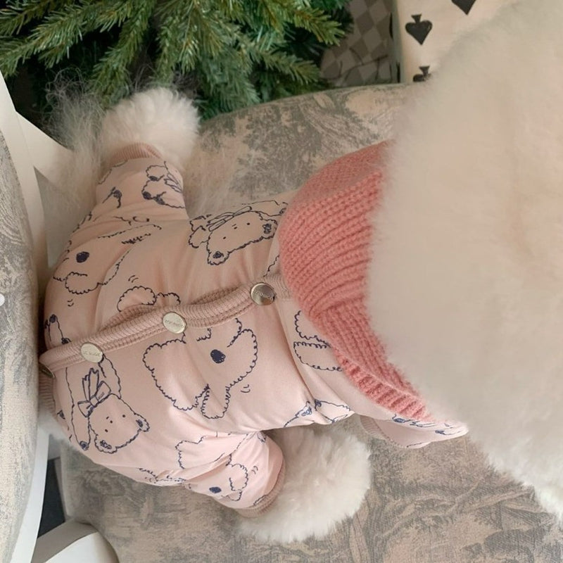 KFX-0905789 Adorable Bear Print Winter Jumpsuit for Pets with Knitted Scarf and Fleece Cuffs