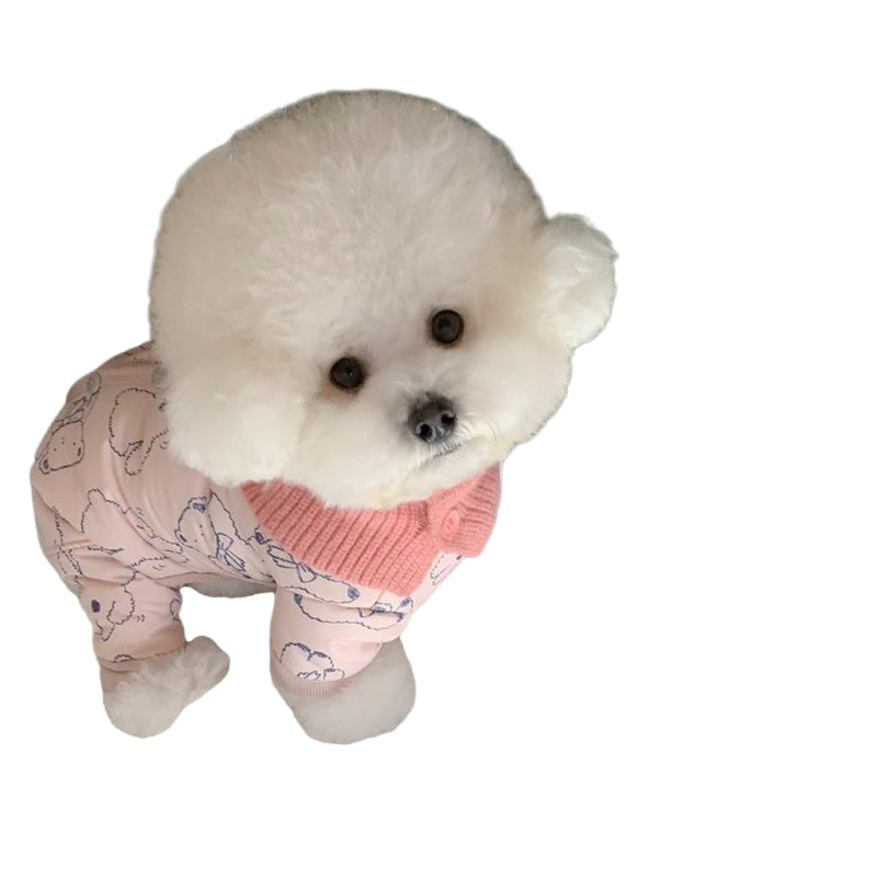 KFX-0905789 Adorable Bear Print Winter Jumpsuit for Pets with Knitted Scarf and Fleece Cuffs