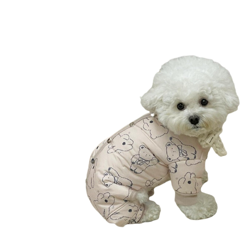 KFX-0905789 Adorable Bear Print Winter Jumpsuit for Pets with Knitted Scarf and Fleece Cuffs