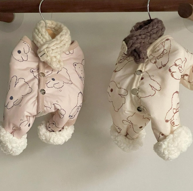 KFX-0905789 Adorable Bear Print Winter Jumpsuit for Pets with Knitted Scarf and Fleece Cuffs
