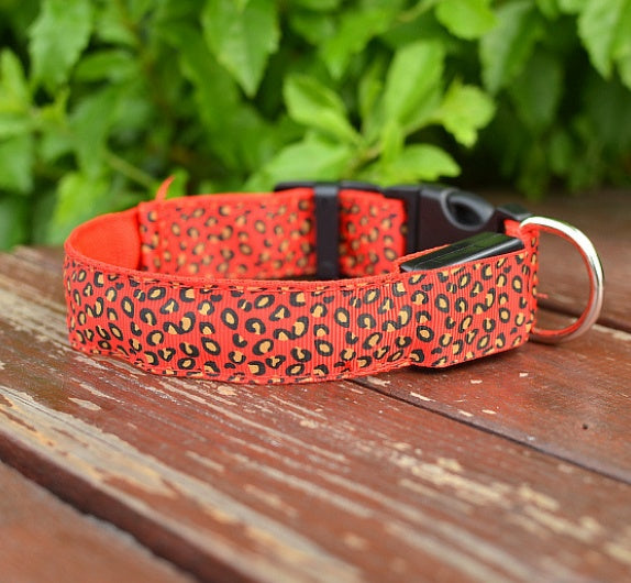 KFX-0908989 LED Pet Safety Collar with Adjustable Nylon and Leopard Print Design