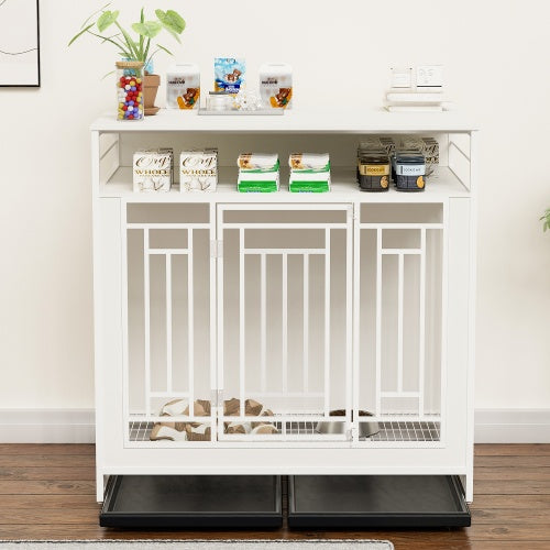 KFX-0910653 Wooden Dog Kennel with Divider and Storage Drawers, 43.3 Inch Large Pet Crate for Medium to Large Dogs