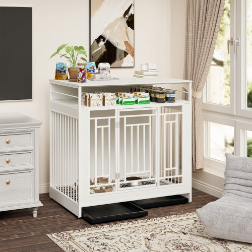 KFX-0910653 Wooden Dog Kennel with Divider and Storage Drawers, 43.3 Inch Large Pet Crate for Medium to Large Dogs