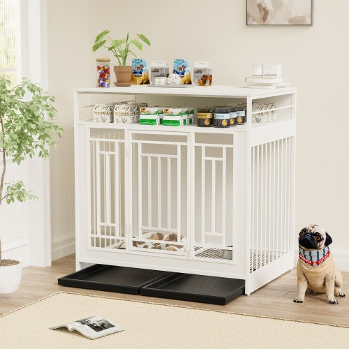 KFX-0910653 Wooden Dog Kennel with Divider and Storage Drawers, 43.3 Inch Large Pet Crate for Medium to Large Dogs