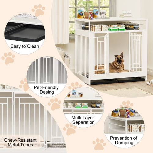 KFX-0910653 Wooden Dog Kennel with Divider and Storage Drawers, 43.3 Inch Large Pet Crate for Medium to Large Dogs