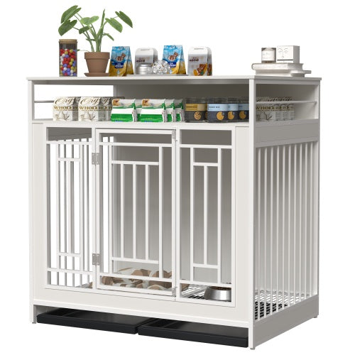 KFX-0910653 Wooden Dog Kennel with Divider and Storage Drawers, 43.3 Inch Large Pet Crate for Medium to Large Dogs