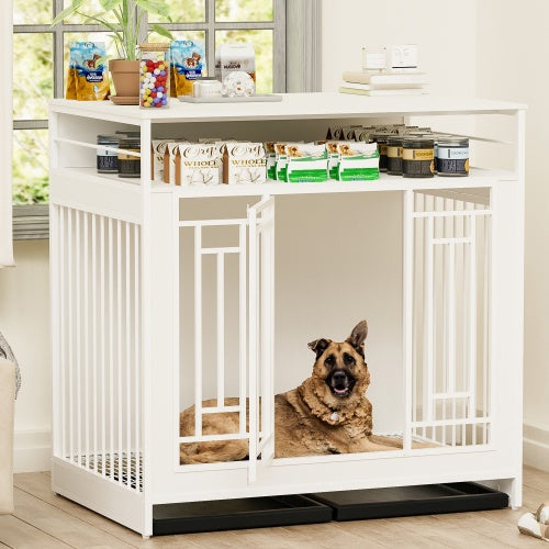 KFX-0910653 Wooden Dog Kennel with Divider and Storage Drawers, 43.3 Inch Large Pet Crate for Medium to Large Dogs