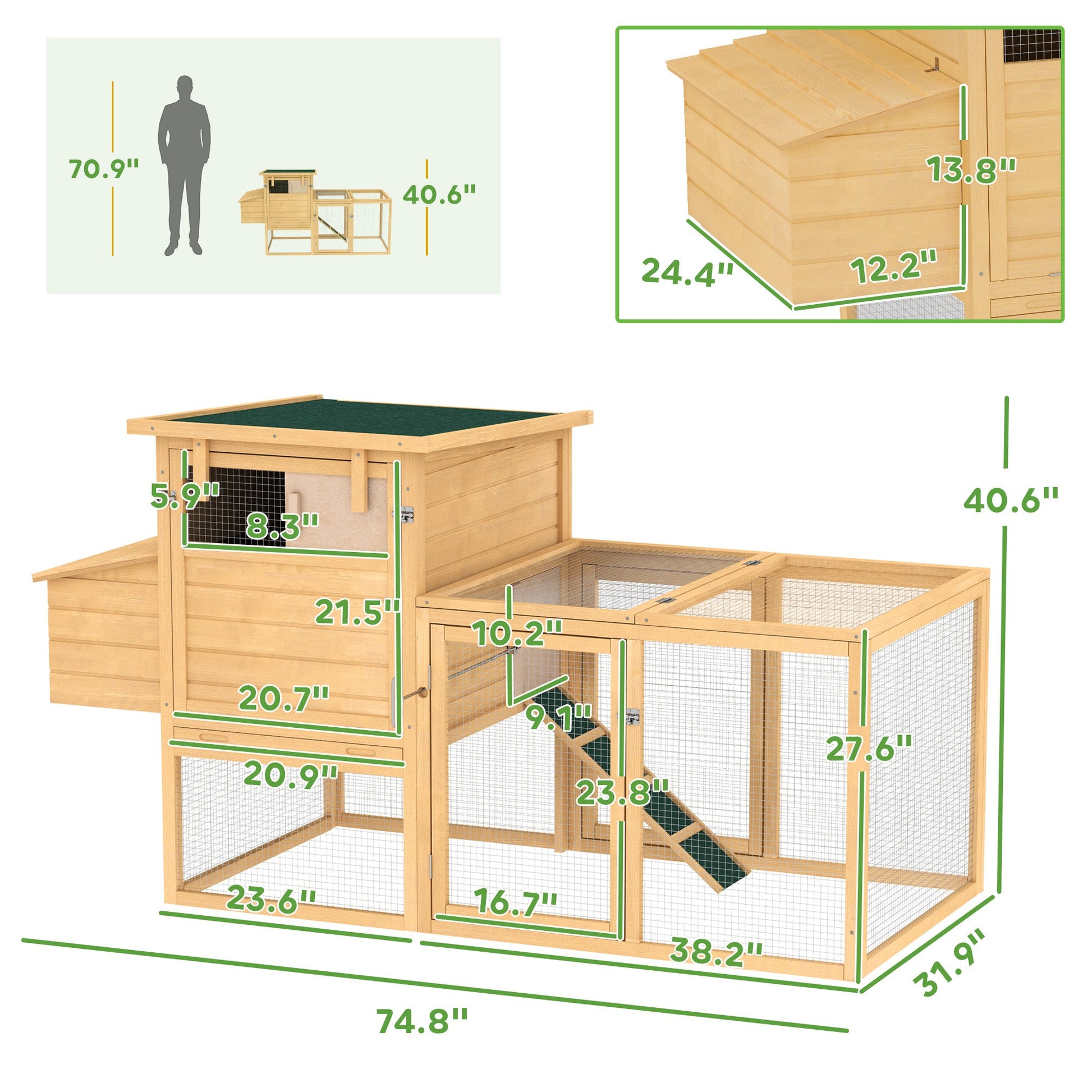 KFX-0916413 75" Wooden Chicken Coop with Nesting Box, Removable Tray, Ramp, and Secure Run for Backyard Use