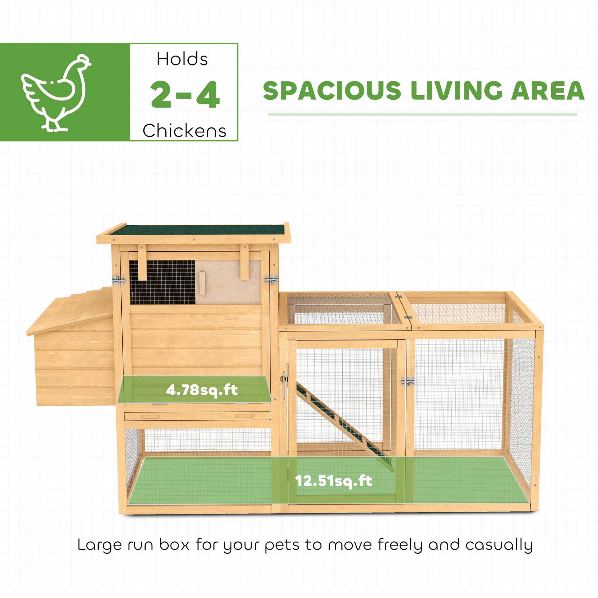KFX-0916413 75" Wooden Chicken Coop with Nesting Box, Removable Tray, Ramp, and Secure Run for Backyard Use