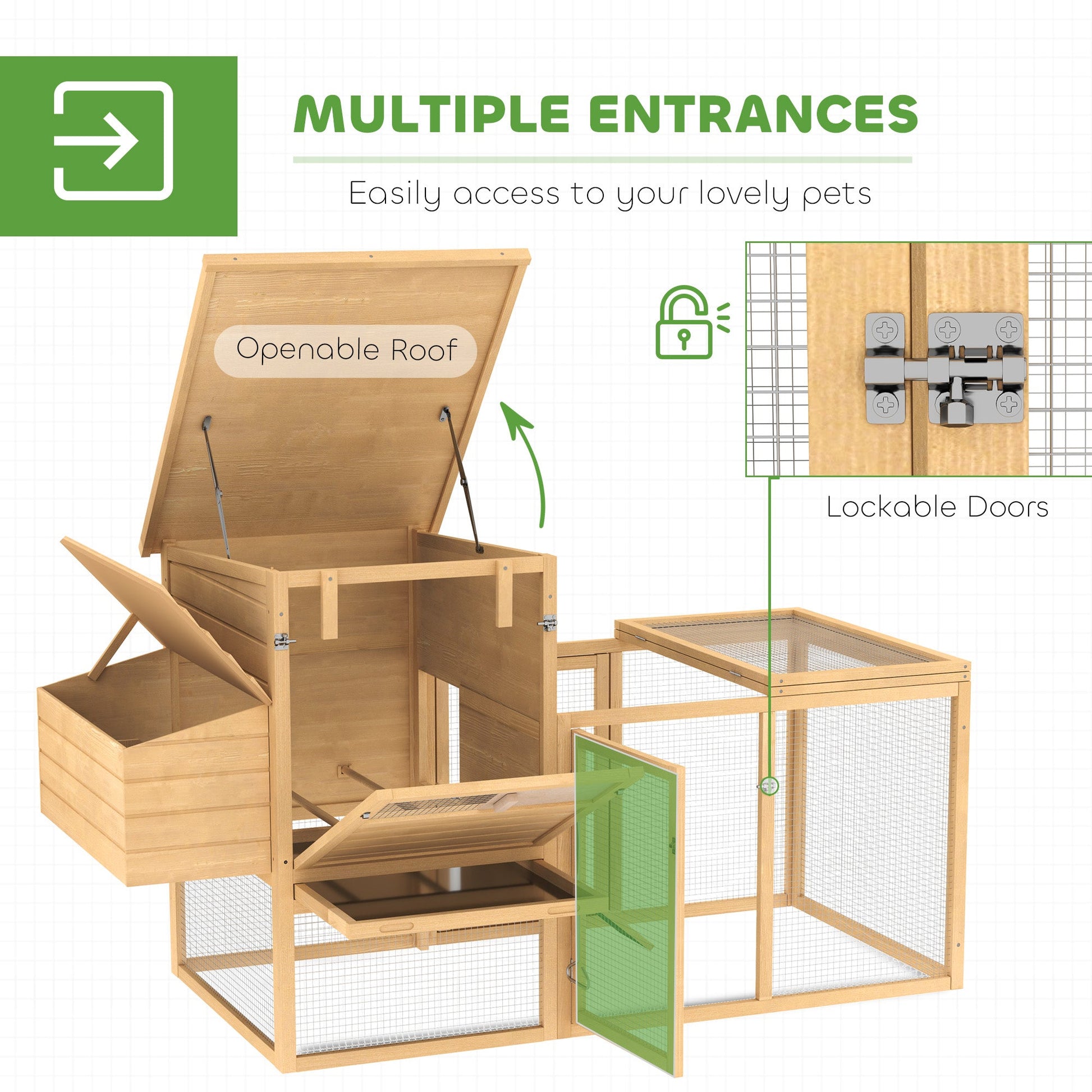 KFX-0916413 75" Wooden Chicken Coop with Nesting Box, Removable Tray, Ramp, and Secure Run for Backyard Use