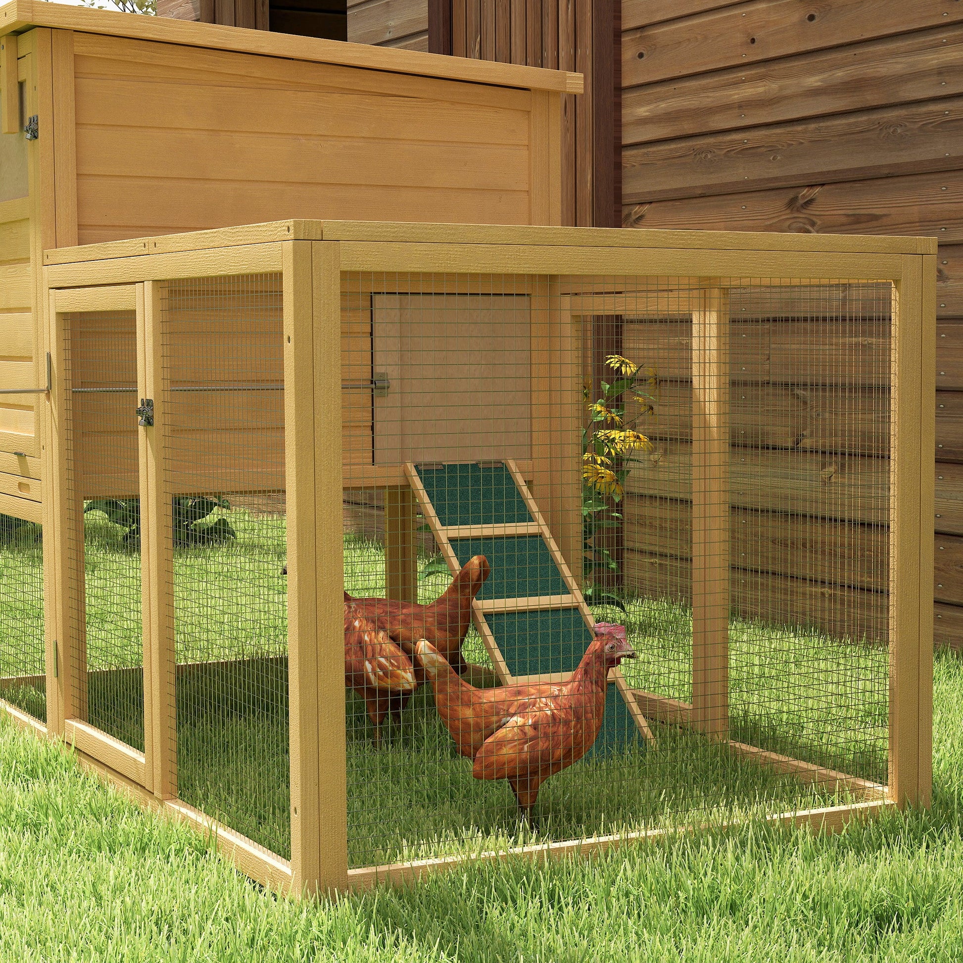 KFX-0916413 75" Wooden Chicken Coop with Nesting Box, Removable Tray, Ramp, and Secure Run for Backyard Use