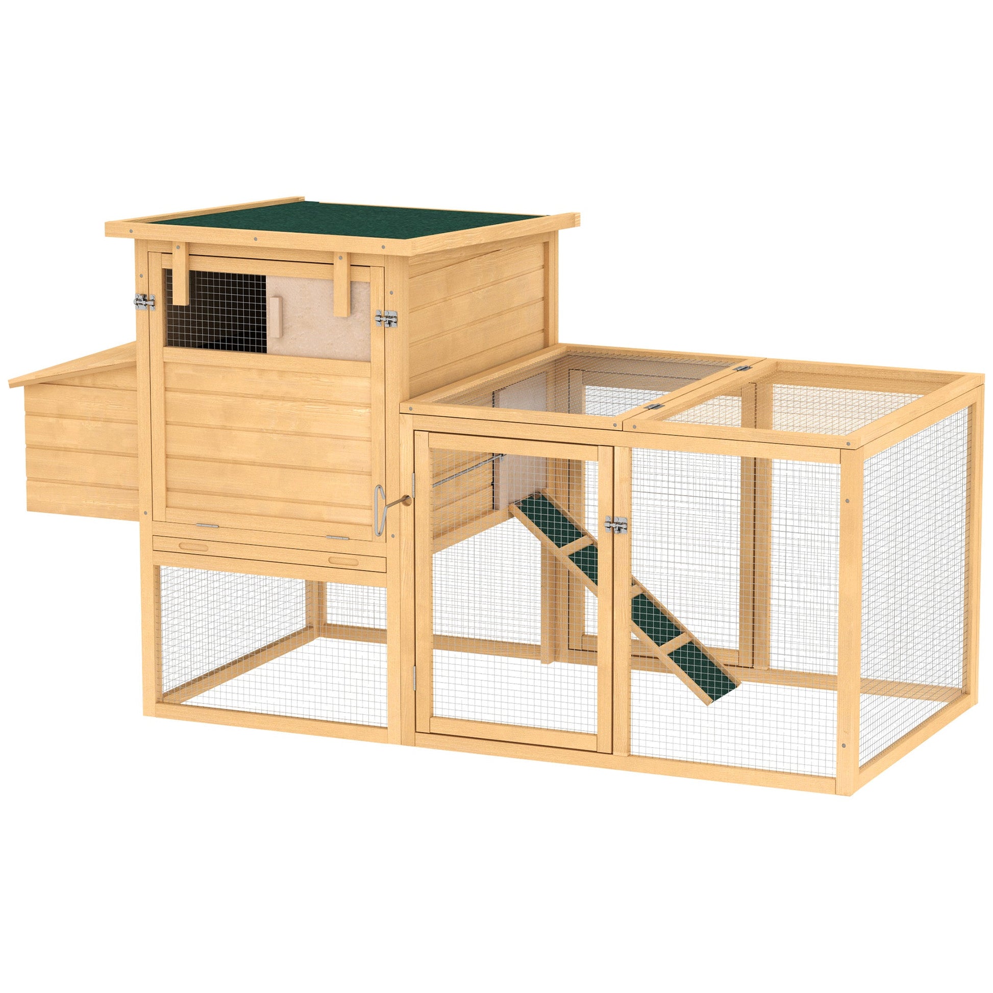KFX-0916413 75" Wooden Chicken Coop with Nesting Box, Removable Tray, Ramp, and Secure Run for Backyard Use