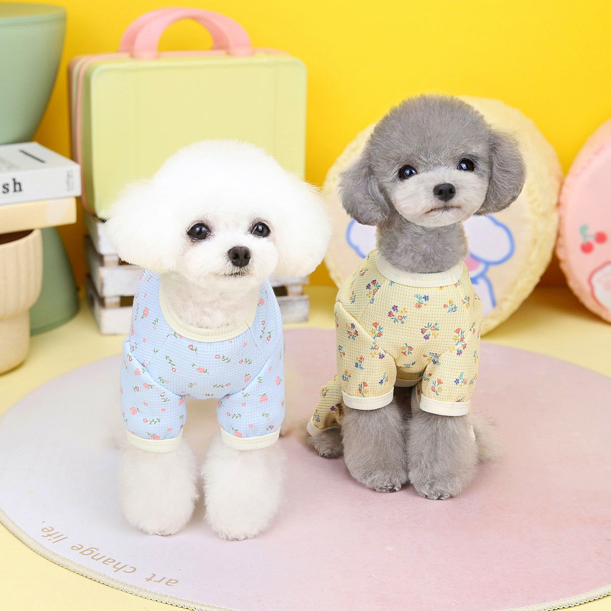 KFX-0920893 Floral Waffle Dog Clothes in Yellow, Green, and Sky Blue - Various Sizes Available