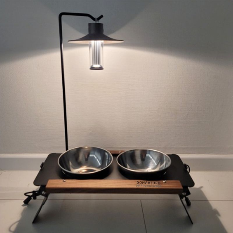 KFX-0924477 Pet Double Bowl Rack with Lamp Post for Outdoor Use - Suitable for Small and Medium Pets