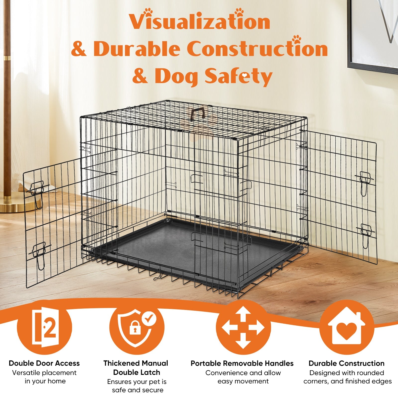KFX-0937661 Double Door Dog Cage with Removable Tray for Easy Cleaning - Various Sizes Available