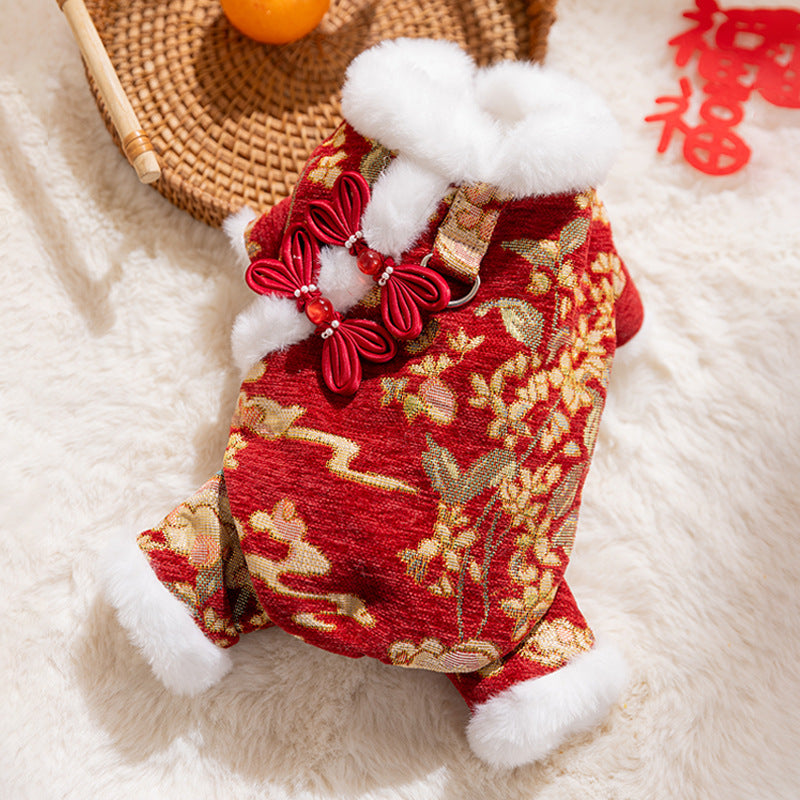 KFX-0938557 Lunar New Year Brocade Pet Jumpsuit with Faux Fur Trim and Traditional Chinese Knot Design