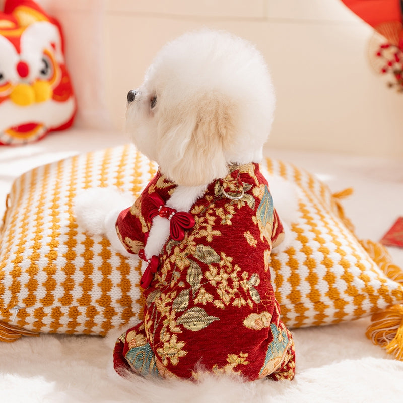 KFX-0938557 Lunar New Year Brocade Pet Jumpsuit with Faux Fur Trim and Traditional Chinese Knot Design