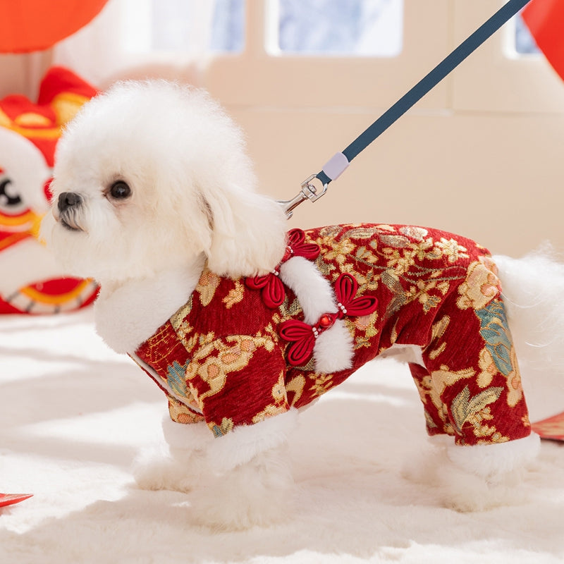 KFX-0938557 Lunar New Year Brocade Pet Jumpsuit with Faux Fur Trim and Traditional Chinese Knot Design