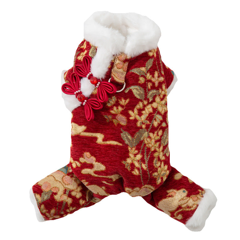 KFX-0938557 Lunar New Year Brocade Pet Jumpsuit with Faux Fur Trim and Traditional Chinese Knot Design