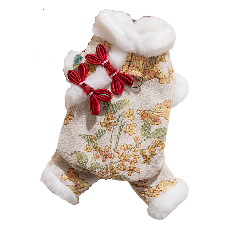 KFX-0938557 Lunar New Year Brocade Pet Jumpsuit with Faux Fur Trim and Traditional Chinese Knot Design