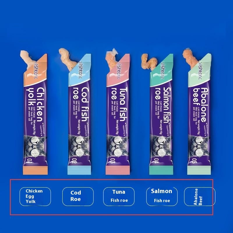 KFX-0945597 Nutritious Cat Strips - Chicken & Egg Yolk, Cod & Fish Roe, Tuna & Fish Seeds, Salmon & Fish Seeds, Abalone & Fish Seeds, 16g Pack