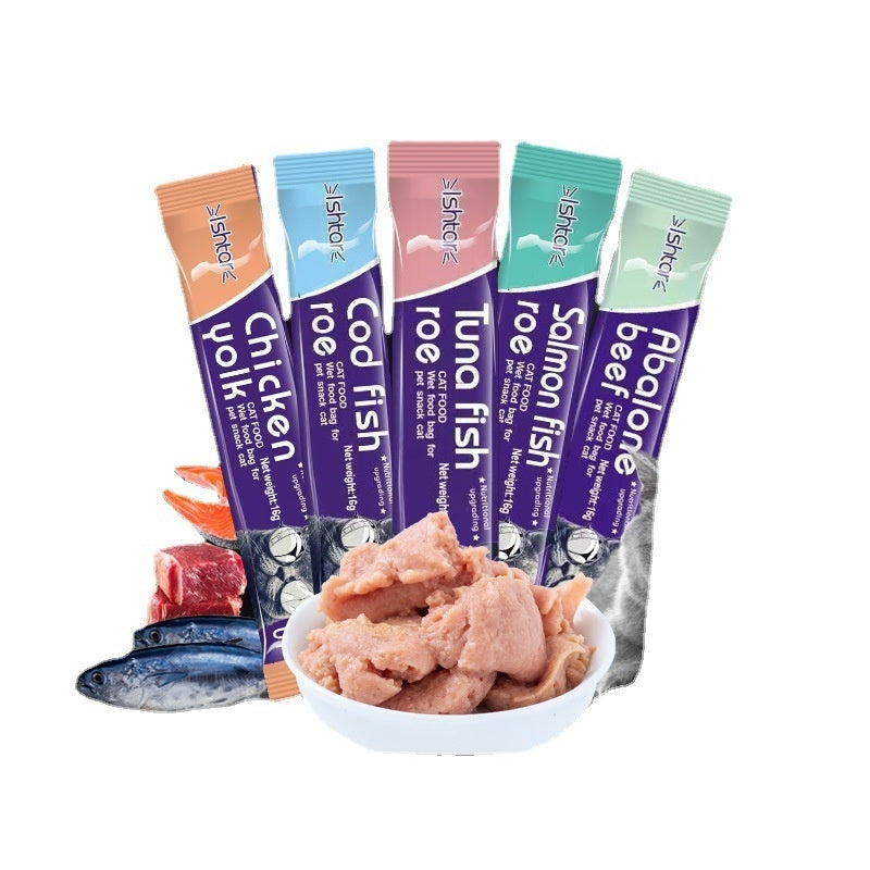 KFX-0945597 Nutritious Cat Strips - Chicken & Egg Yolk, Cod & Fish Roe, Tuna & Fish Seeds, Salmon & Fish Seeds, Abalone & Fish Seeds, 16g Pack