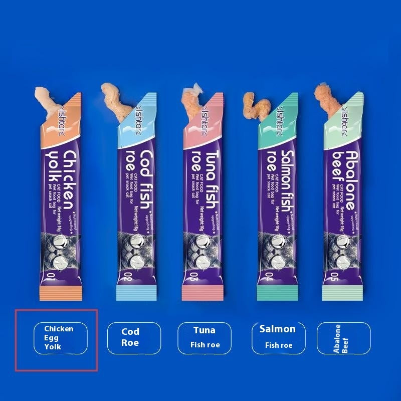 KFX-0945597 Nutritious Cat Strips - Chicken & Egg Yolk, Cod & Fish Roe, Tuna & Fish Seeds, Salmon & Fish Seeds, Abalone & Fish Seeds, 16g Pack