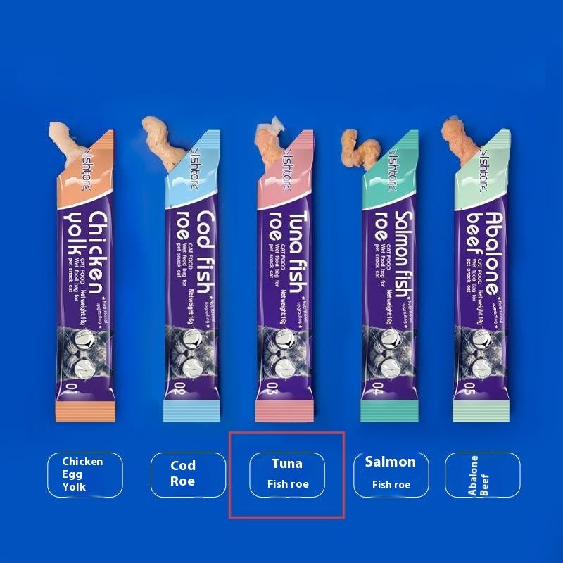 KFX-0945597 Nutritious Cat Strips - Chicken & Egg Yolk, Cod & Fish Roe, Tuna & Fish Seeds, Salmon & Fish Seeds, Abalone & Fish Seeds, 16g Pack