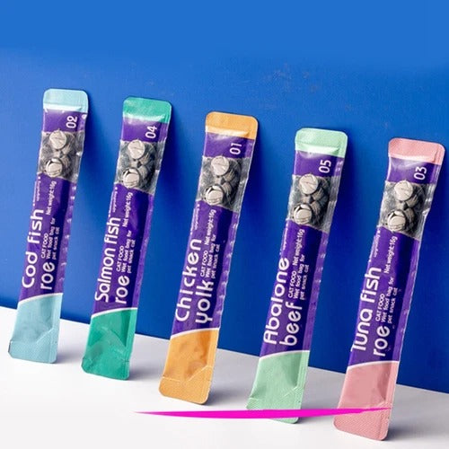KFX-0945597 Nutritious Cat Strips - Chicken & Egg Yolk, Cod & Fish Roe, Tuna & Fish Seeds, Salmon & Fish Seeds, Abalone & Fish Seeds, 16g Pack